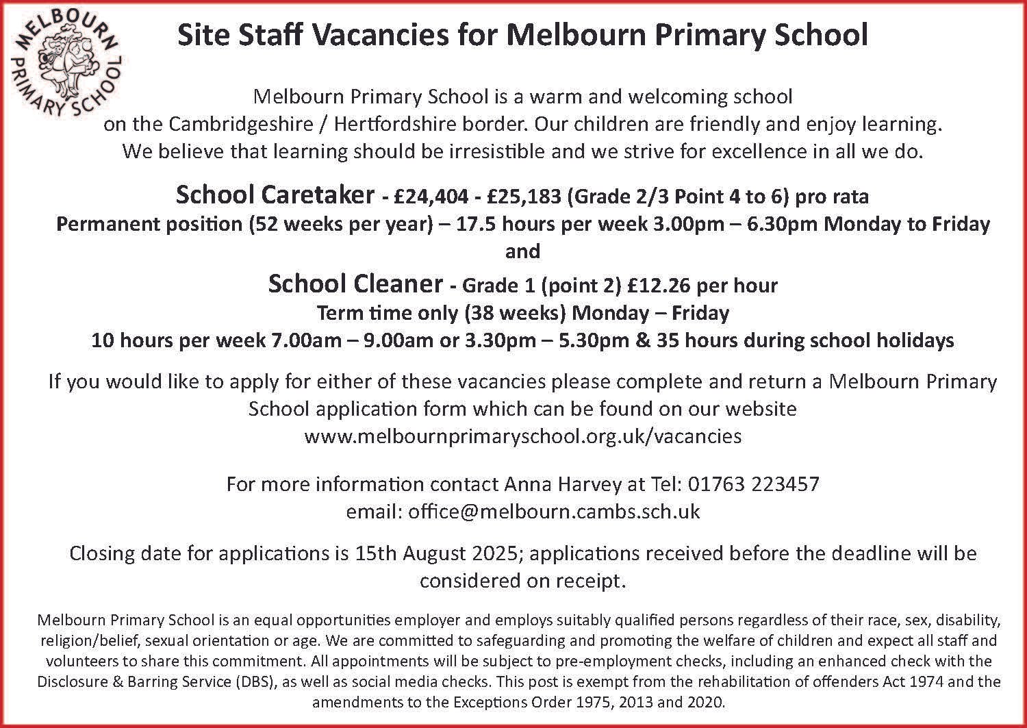 Site Vacancies at Melbourn Primary School