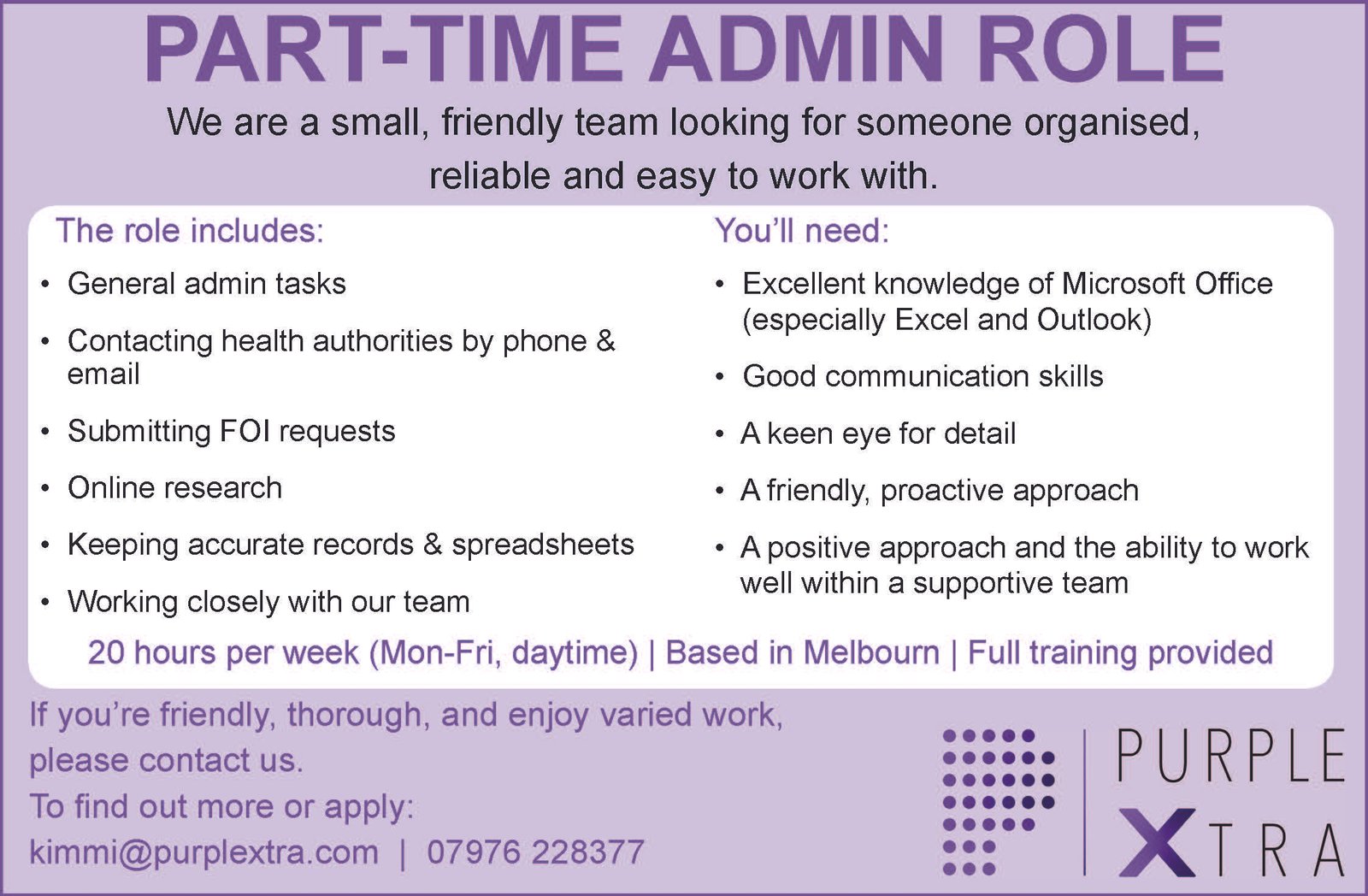 Part-time Admin Role – Purple Xtra