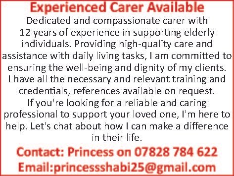 Recruitment: Live in Carer Available